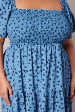 Blue Ditsy Midi Dress Short Sleeve Tiered Tie Back -You And All Fashion Store cdd1041y 33r ditsy 6