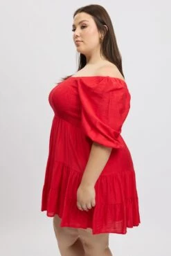 Red Shirred Bodice Puff Sleeve Tiered Mini Dress -You And All Fashion Store cdd10526l 122a red 4