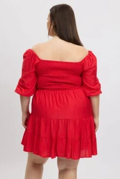 Red Shirred Bodice Puff Sleeve Tiered Mini Dress -You And All Fashion Store cdd10526l 122a red 5