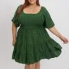 Green Shirred Bodice Puff Sleeve Tiered Mini Dress