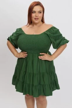 Green Shirred Bodice Puff Sleeve Tiered Mini Dress -You And All Fashion Store cdd10526l 122ab forest 3