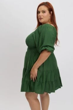 Green Shirred Bodice Puff Sleeve Tiered Mini Dress -You And All Fashion Store cdd10526l 122ab forest 4