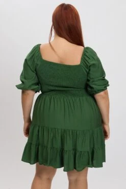 Green Shirred Bodice Puff Sleeve Tiered Mini Dress -You And All Fashion Store cdd10526l 122ab forest 5