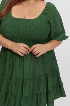 Green Shirred Bodice Puff Sleeve Tiered Mini Dress -You And All Fashion Store cdd10526l 122ab forest 6