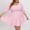 Pink Shirred Bodice Puff Sleeve Tiered Mini Dress