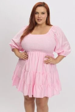 Pink Shirred Bodice Puff Sleeve Tiered Mini Dress 8 Pink Shirred Bodice Puff Sleeve Tiered Mini Dress -You And All Fashion Store cdd10526l 122ab pink 3