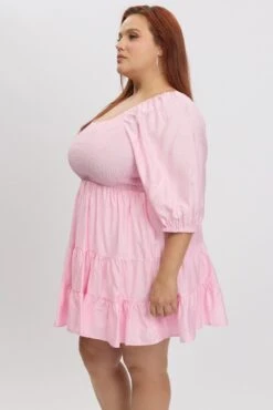 Pink Shirred Bodice Puff Sleeve Tiered Mini Dress 9 Pink Shirred Bodice Puff Sleeve Tiered Mini Dress -You And All Fashion Store cdd10526l 122ab pink 4