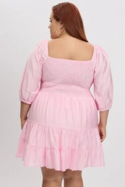 Pink Shirred Bodice Puff Sleeve Tiered Mini Dress 10 Pink Shirred Bodice Puff Sleeve Tiered Mini Dress -You And All Fashion Store cdd10526l 122ab pink 5