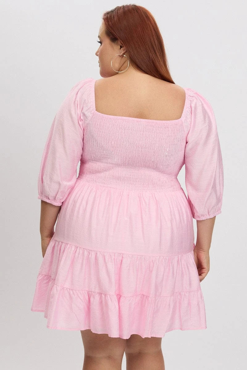 Pink Shirred Bodice Puff Sleeve Tiered Mini Dress 5 Pink Shirred Bodice Puff Sleeve Tiered Mini Dress - Image 5