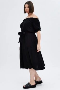 Black Short Sleeve Linen Button Midi Dress -You And All Fashion Store cdd1062 34ab black 4