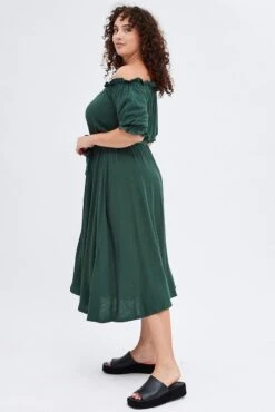 Green Short Sleeve Linen Button Midi Dress -You And All Fashion Store cdd1062 34ab forest 4