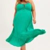 Green Midi Dress Shoestring Strap Gather Bust Frill Hem