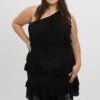 Black One Shoulder Frill And Bow Minidress