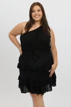 Black One Shoulder Frill And Bow Minidress