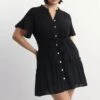 Black Collared Linen Blend Shirtdress
