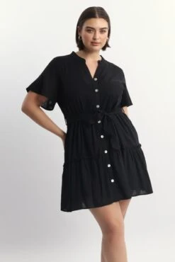 Black Collared Linen Blend Shirtdress