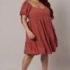 Brown Skater Dress Puff Sleeve Frill Hem