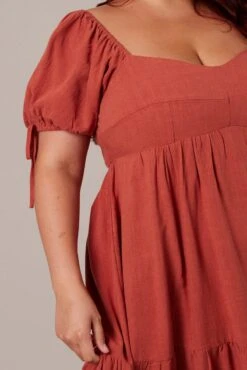 Brown Skater Dress Puff Sleeve Frill Hem -You And All Fashion Store cdd1103 35ab clay 6