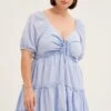 Blue Fit And Flare Dress Short Sleeve Front Ruched