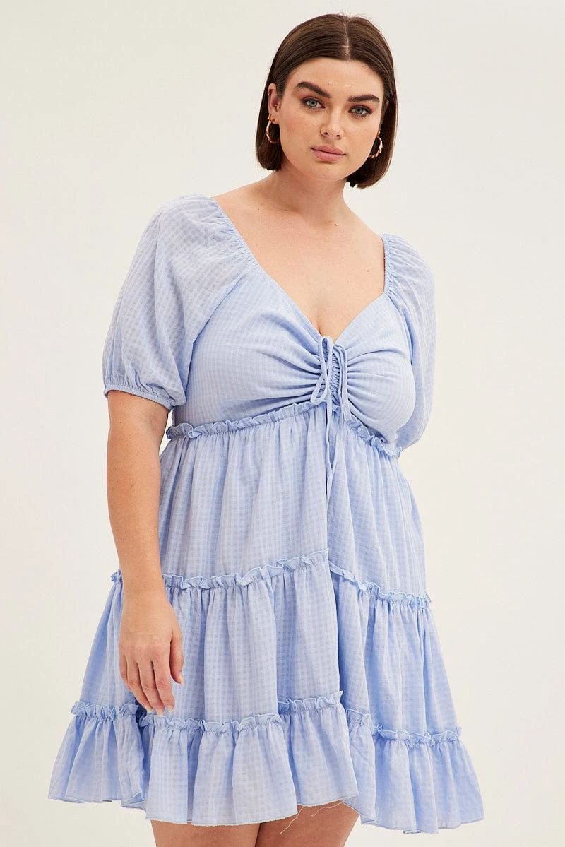 Blue Fit And Flare Dress Short Sleeve Front Ruched 1 Blue Fit And Flare Dress Short Sleeve Front Ruched