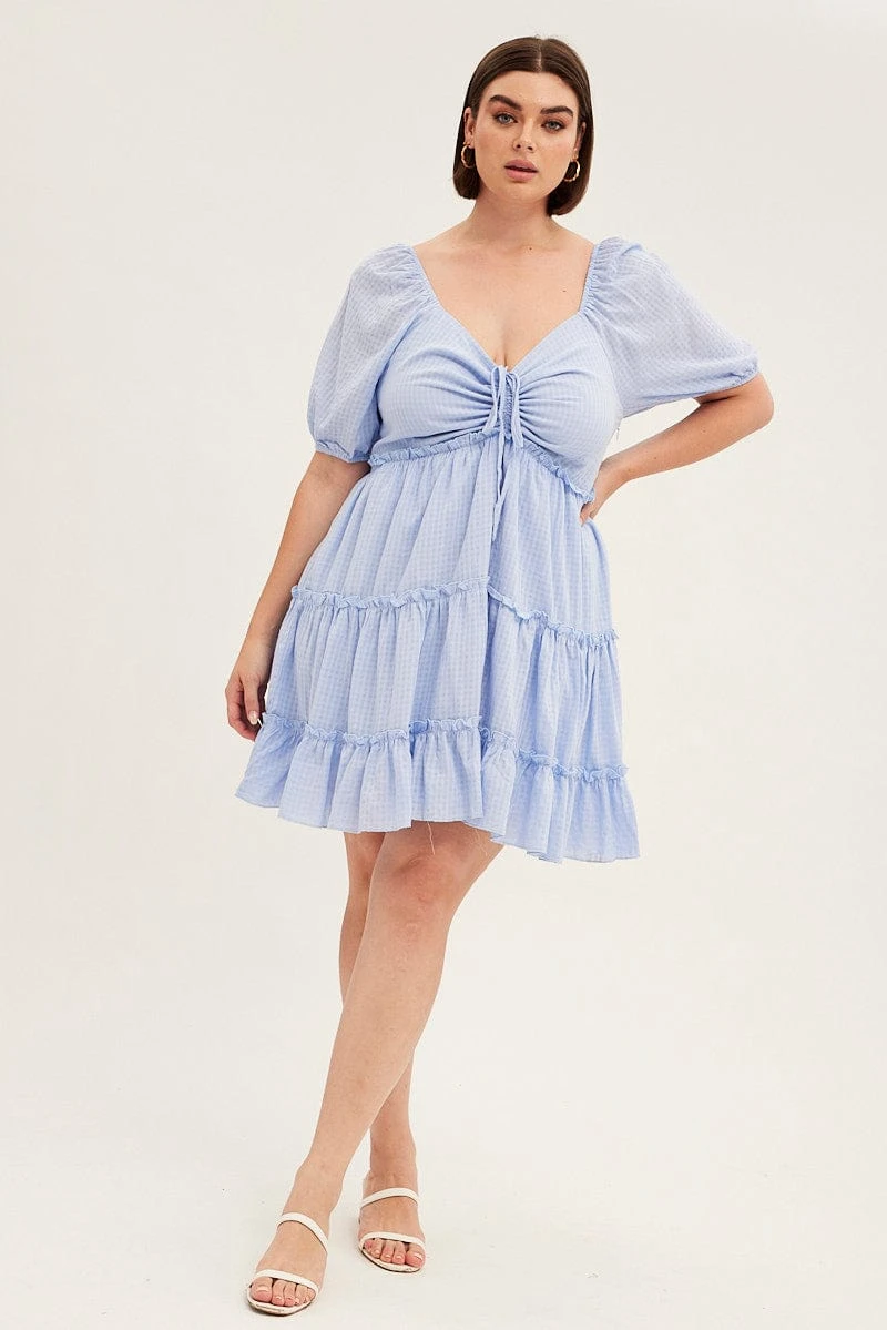 Blue Fit And Flare Dress Short Sleeve Front Ruched 2 Blue Fit And Flare Dress Short Sleeve Front Ruched - Image 2