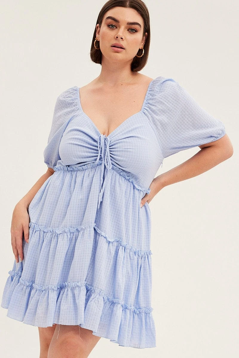 Blue Fit And Flare Dress Short Sleeve Front Ruched 3 Blue Fit And Flare Dress Short Sleeve Front Ruched - Image 3