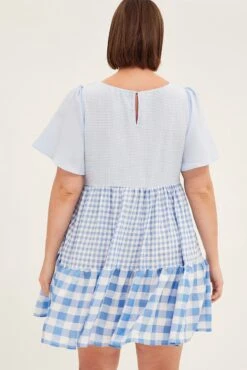 Blue Check Relaxed Dress Short Sleeve Mini Tiered -You And All Fashion Store cdd1125 35rb check 5