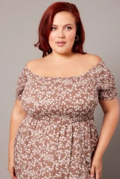 Brown Ditsy Shirred Bodice And Sleeve Minidress -You And All Fashion Store cdd1129s 35ab ditsy 3