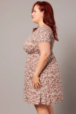 Brown Ditsy Shirred Bodice And Sleeve Minidress -You And All Fashion Store cdd1129s 35ab ditsy 4