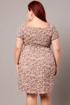 Brown Ditsy Shirred Bodice And Sleeve Minidress -You And All Fashion Store cdd1129s 35ab ditsy 5