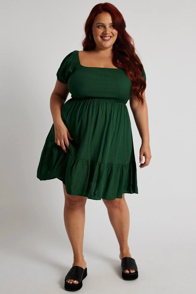 Green Fit And Flare Dress Short Sleeve Shirred 2 Green Fit And Flare Dress Short Sleeve Shirred - Image 2