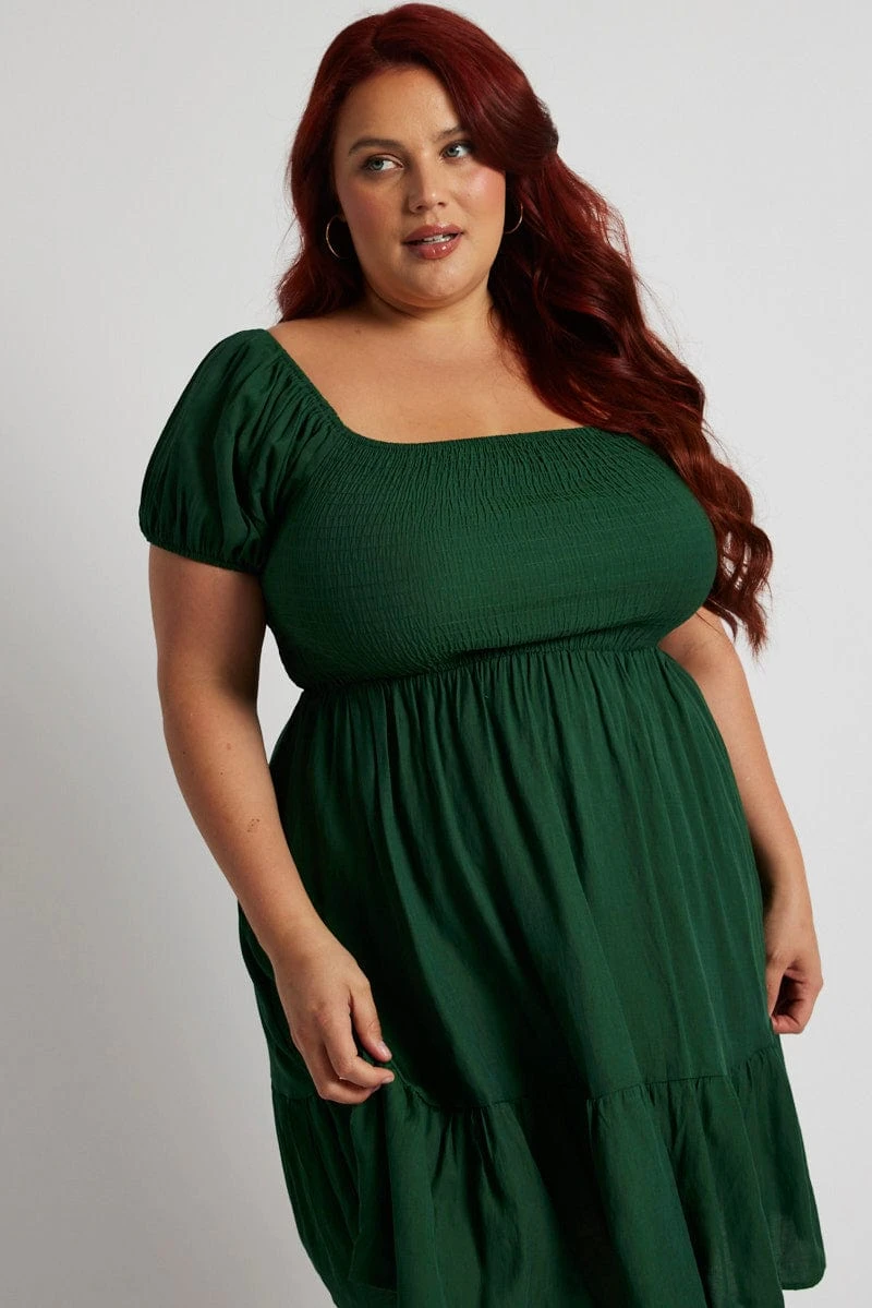 Green Fit And Flare Dress Short Sleeve Shirred 3 Green Fit And Flare Dress Short Sleeve Shirred - Image 3