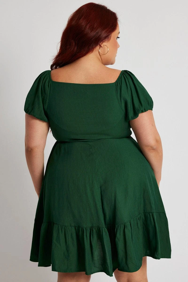 Green Fit And Flare Dress Short Sleeve Shirred 5 Green Fit And Flare Dress Short Sleeve Shirred - Image 5