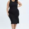 Black Midi Dress Rib Jersey Fitted Sleeveless