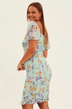 Green Floral Bodycon Dress Short Sleeve Off Shoulder Shirred -You And All Fashion Store cdd1168a 35rb floral 4