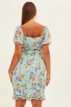 Green Floral Bodycon Dress Short Sleeve Off Shoulder Shirred -You And All Fashion Store cdd1168a 35rb floral 5