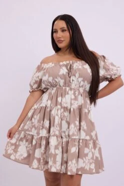 Beige Floral Scoop Neck Tie Front Tiered Minidress
