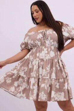 Beige Floral Scoop Neck Tie Front Tiered Minidress -You And All Fashion Store cdd11807b 125a floral 3