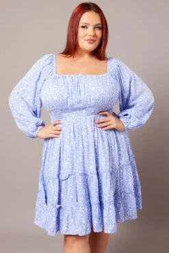 Blue Ditsy Long Sleeve Shirred Waist Minidress -You And All Fashion Store cdd11869 59a ditsy 3