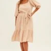 Beige Midi Dress Puff Sleeve Belt Frill Hem