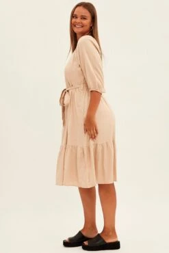 Beige Midi Dress Puff Sleeve Belt Frill Hem -You And All Fashion Store cdd12008 46a stone 4