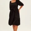 Black Midi Dress Puff Sleeve Belt Frill Hem