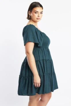 Green Flare Sleeve Shirred Bodice Linen Blend Minidress -You And All Fashion Store cdd12030a 116a forest 3