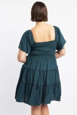 Green Flare Sleeve Shirred Bodice Linen Blend Minidress -You And All Fashion Store cdd12030a 116a forest 4