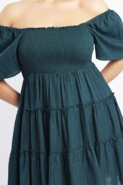 Green Flare Sleeve Shirred Bodice Linen Blend Minidress -You And All Fashion Store cdd12030a 116a forest 5