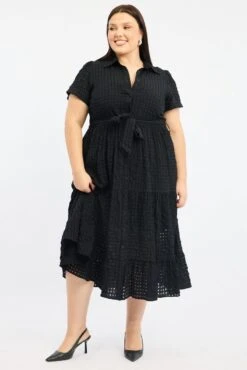 Black Shirt Dress Short Sleeve Tiered Self Check