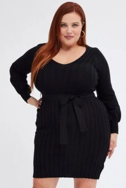 Black Knit Dress Long Sleeve Wide Rib Belted