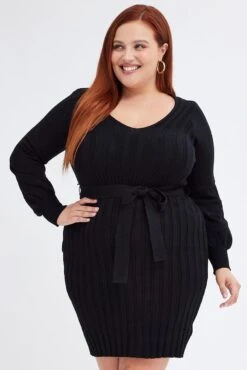 Black Knit Dress Long Sleeve Wide Rib Belted -You And All Fashion Store cdd12131 40ab black 3