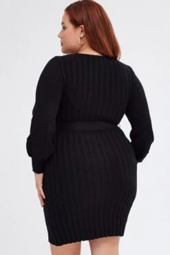 Black Knit Dress Long Sleeve Wide Rib Belted -You And All Fashion Store cdd12131 40ab black 5