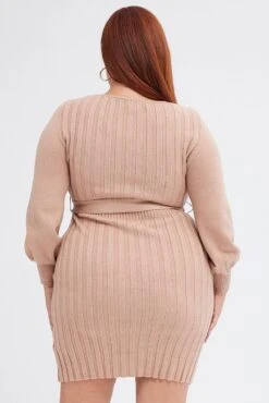 Beige Knit Dress Long Sleeve Wide Rib Belted -You And All Fashion Store cdd12131 40ab sand 5